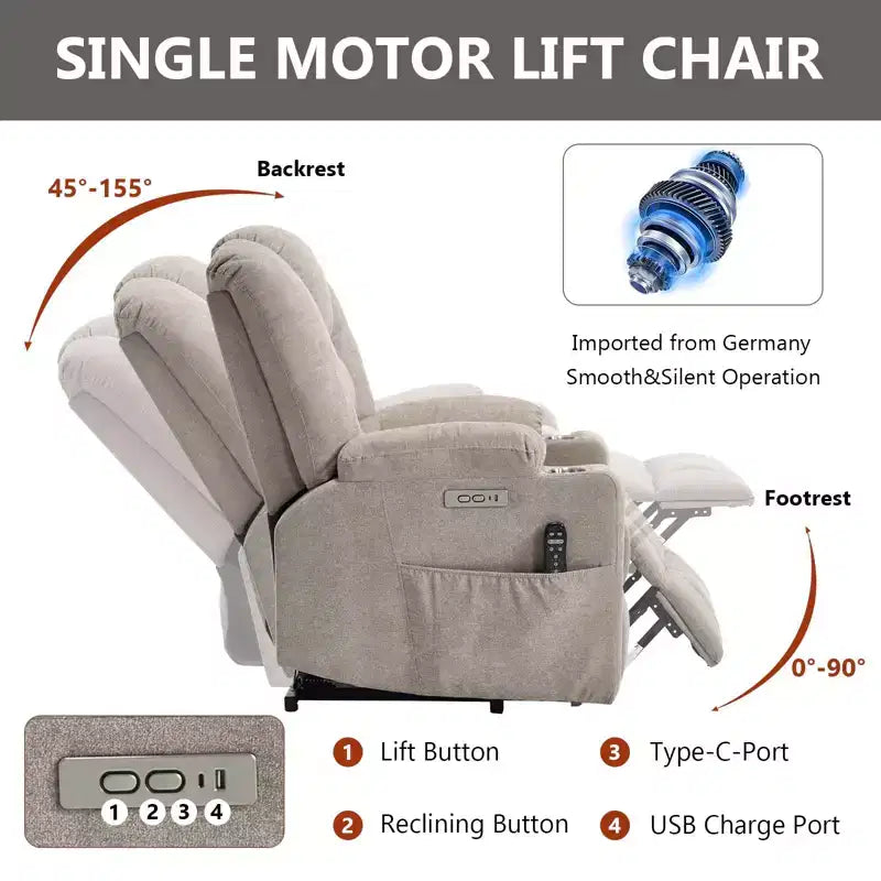 Fauteuil inclinable releveur électrique en chenille grise, grande taille