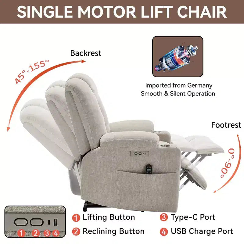 Fauteuil inclinable releveur électrique en chenille grise, grande taille