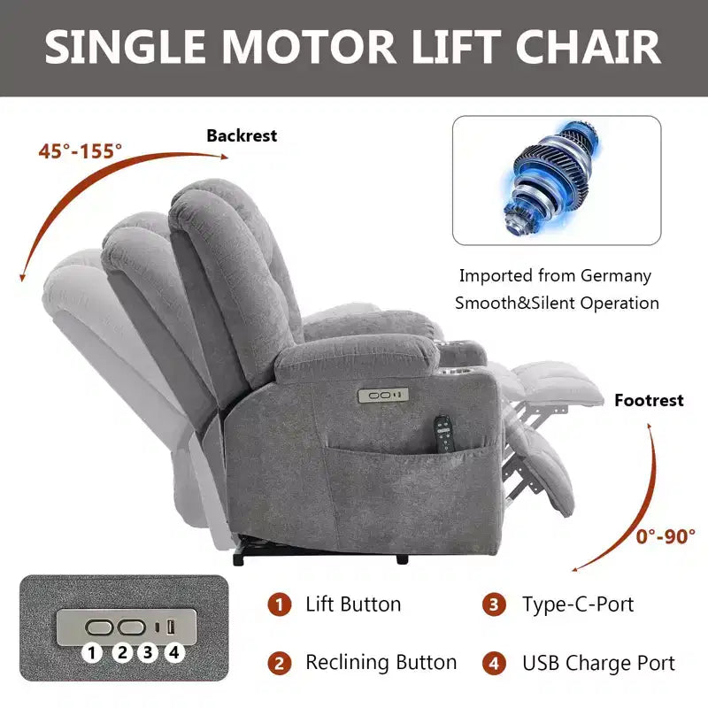 Fauteuil inclinable releveur électrique en chenille grise, grande taille