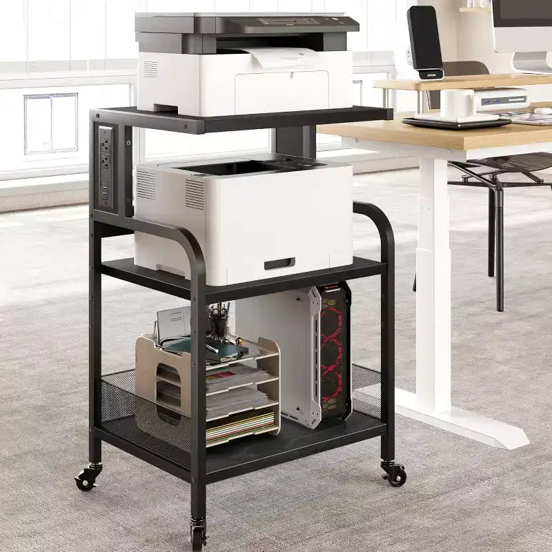Meuble d'imprimante à 3 niveaux robuste avec roulettes Chariot d'imprimante Étagère de rangement industrielle en métal