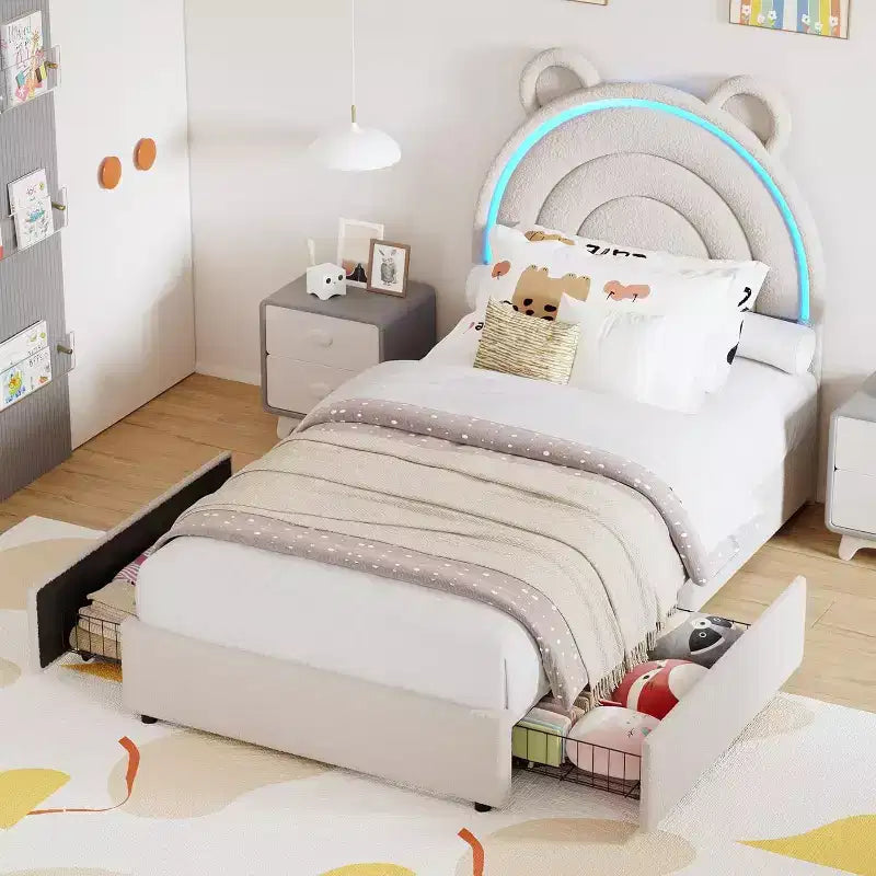 Cadre de lit rembourré Tête de lit LED arc-en-ciel, lit plateforme pour enfants