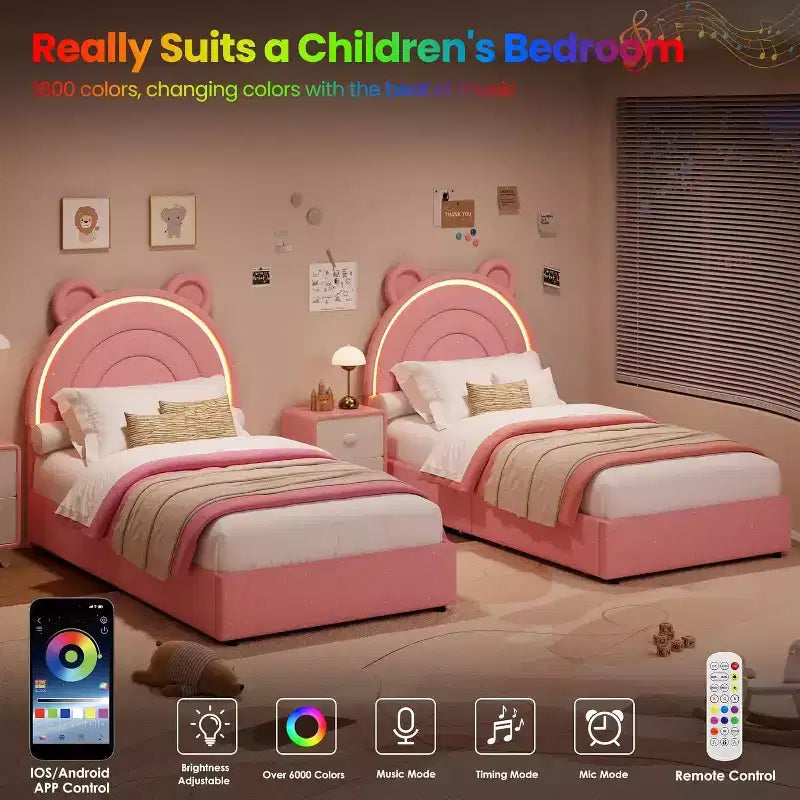 Cadre de lit rembourré Tête de lit LED arc-en-ciel, lit plateforme pour enfants