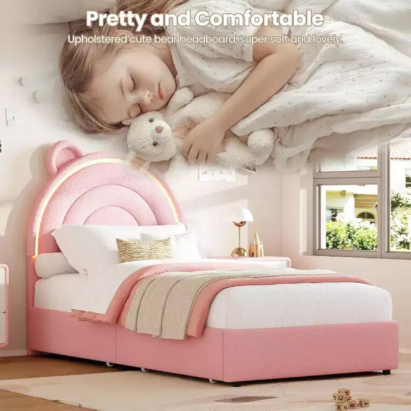 Cadre de lit rembourré Tête de lit LED arc-en-ciel, lit plateforme pour enfants