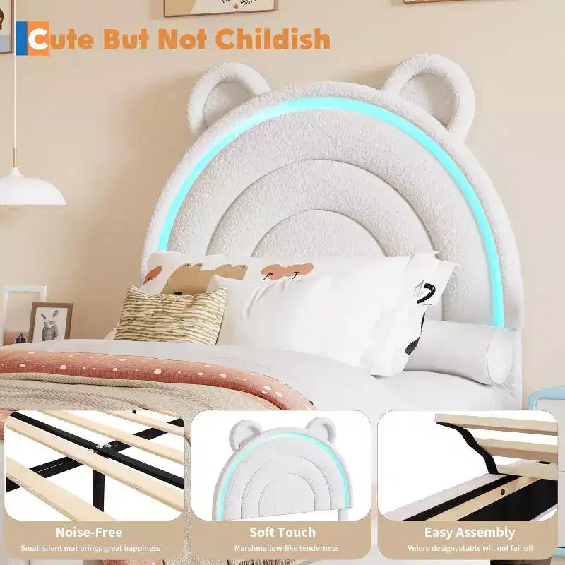 Cadre de lit rembourré Tête de lit LED arc-en-ciel, lit plateforme pour enfants