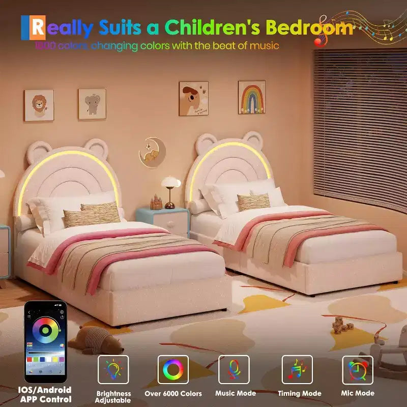 Cadre de lit rembourré Tête de lit LED arc-en-ciel, lit plateforme pour enfants