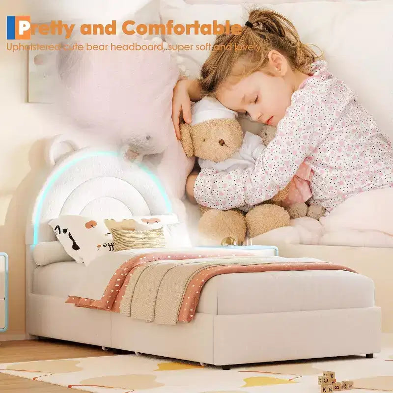 Cadre de lit rembourré Tête de lit LED arc-en-ciel, lit plateforme pour enfants