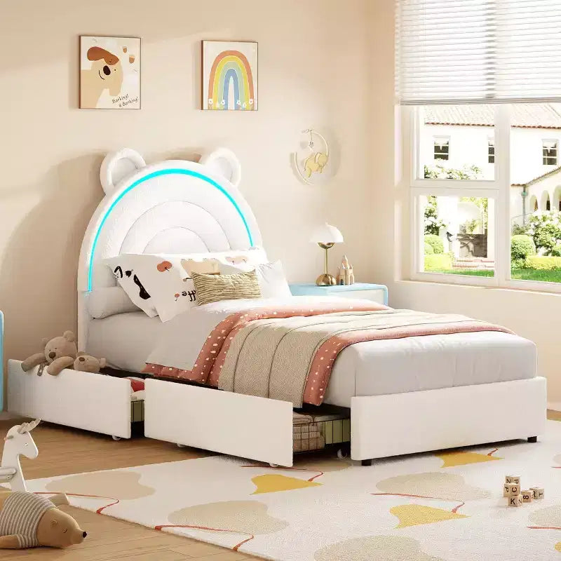Cadre de lit rembourré Tête de lit LED arc-en-ciel, lit plateforme pour enfants