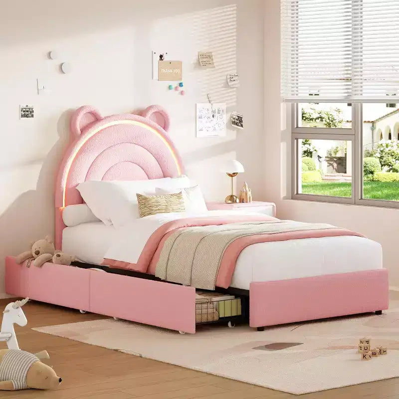 Cadre de lit rembourré Tête de lit LED arc-en-ciel, lit plateforme pour enfants