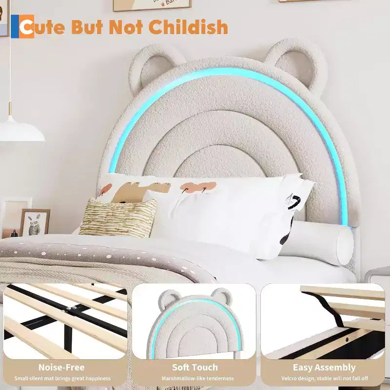 Cadre de lit rembourré Tête de lit LED arc-en-ciel, lit plateforme pour enfants