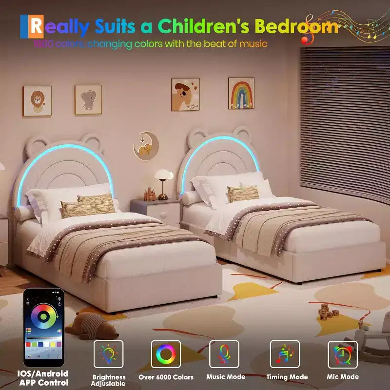 Cadre de lit rembourré Tête de lit LED arc-en-ciel, lit plateforme pour enfants