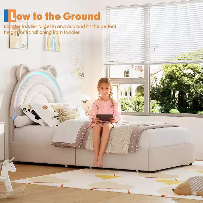 Cadre de lit rembourré Tête de lit LED arc-en-ciel, lit plateforme pour enfants