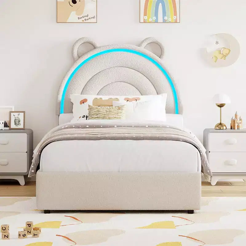 Cadre de lit rembourré Tête de lit LED arc-en-ciel, lit plateforme pour enfants