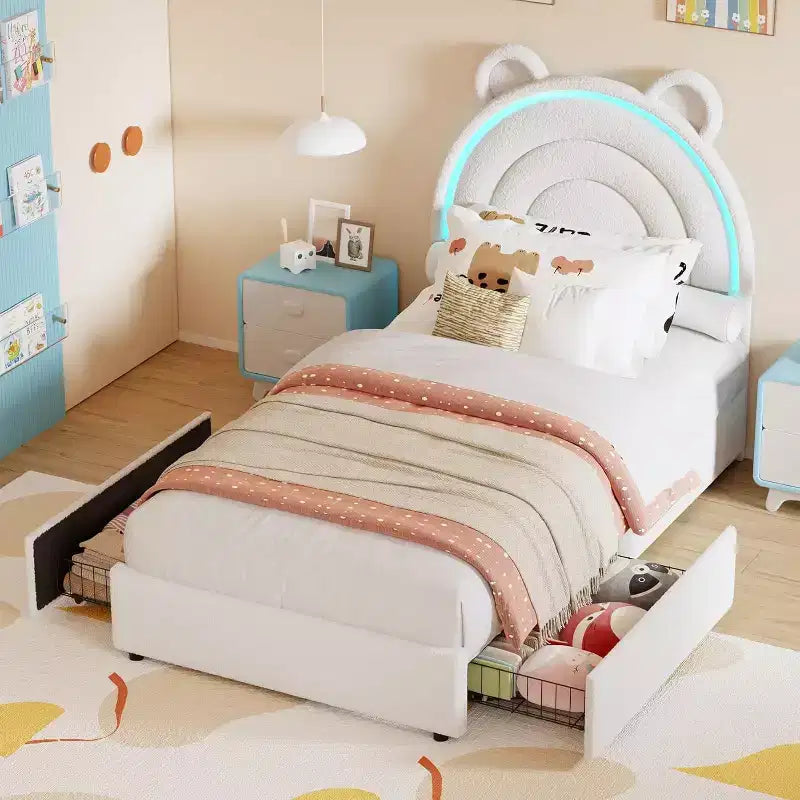 Cadre de lit rembourré Tête de lit LED arc-en-ciel, lit plateforme pour enfants