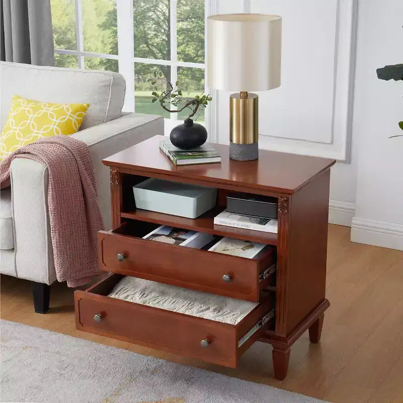 Table d'appoint avec 2 tiroirs et étagères ouvertes, Table de chevet de style vintage