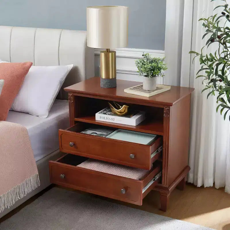 Table d'appoint avec 2 tiroirs et étagères ouvertes, Table de chevet de style vintage