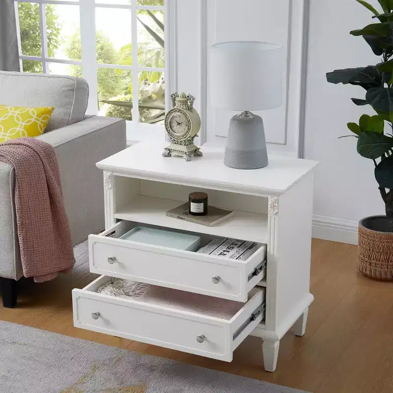 Table d'appoint avec 2 tiroirs et étagères ouvertes, Table de chevet de style vintage