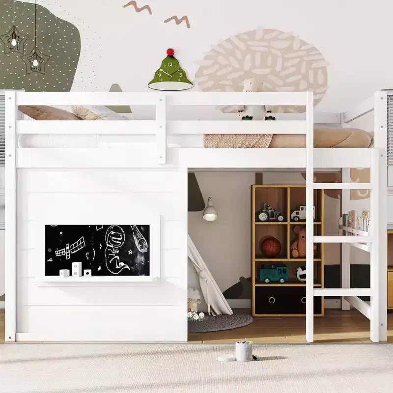 TUYOHW Kids Loft House Bed with Chalkboard,Twin/Full Wood Bed Frame with Play Space & Built-in Bookshelf,Pine Wood Cabin-Style Bunk for Boys,Girls