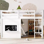 TUYOHW Kids Loft House Bed with Chalkboard,Twin/Full Wood Bed Frame with Play Space & Built-in Bookshelf,Pine Wood Cabin-Style Bunk for Boys,Girls