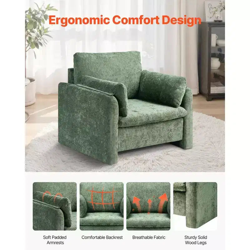 Fauteuil d'appoint rembourré moderne avec accoudoirs et coussin épais