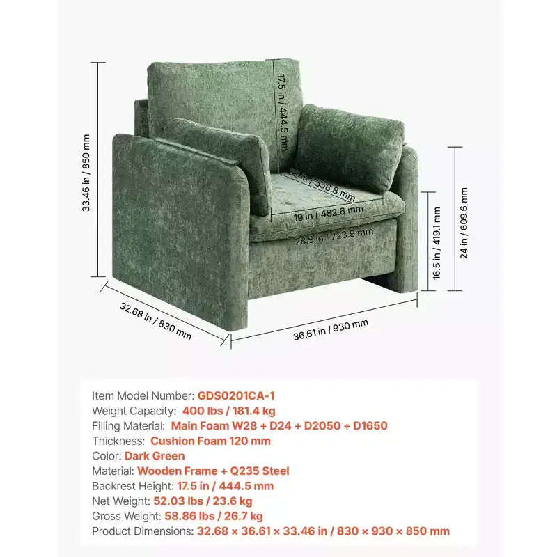 Fauteuil d'appoint rembourré moderne avec accoudoirs et coussin épais