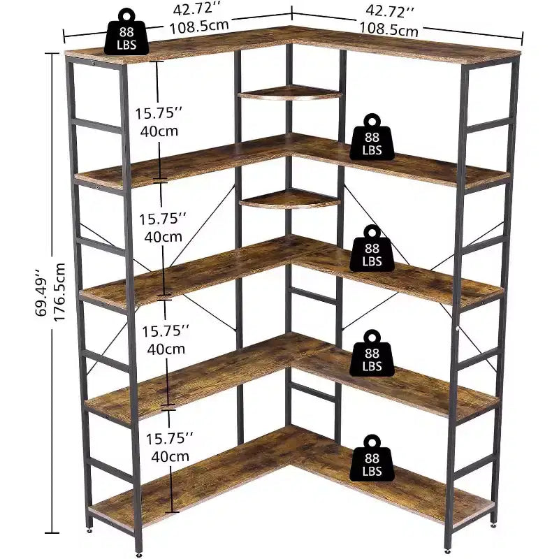Étagère d'angle industrielle en bois, grande bibliothèque de rangement et de présentation