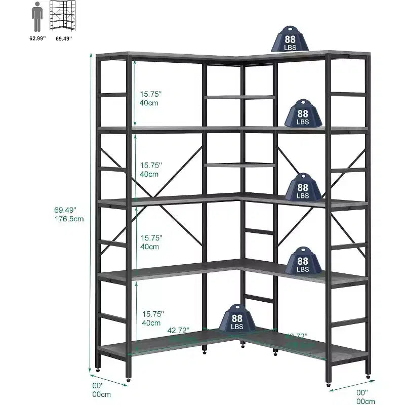 Étagère d'angle industrielle en bois, grande bibliothèque de rangement et de présentation