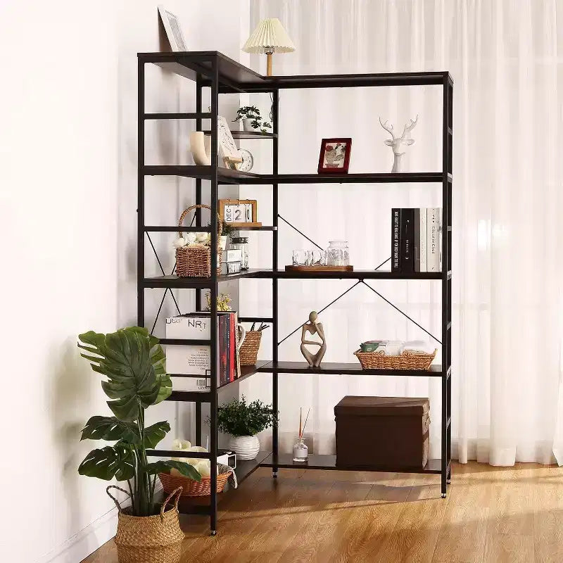Étagère d'angle industrielle en bois, grande bibliothèque de rangement et de présentation