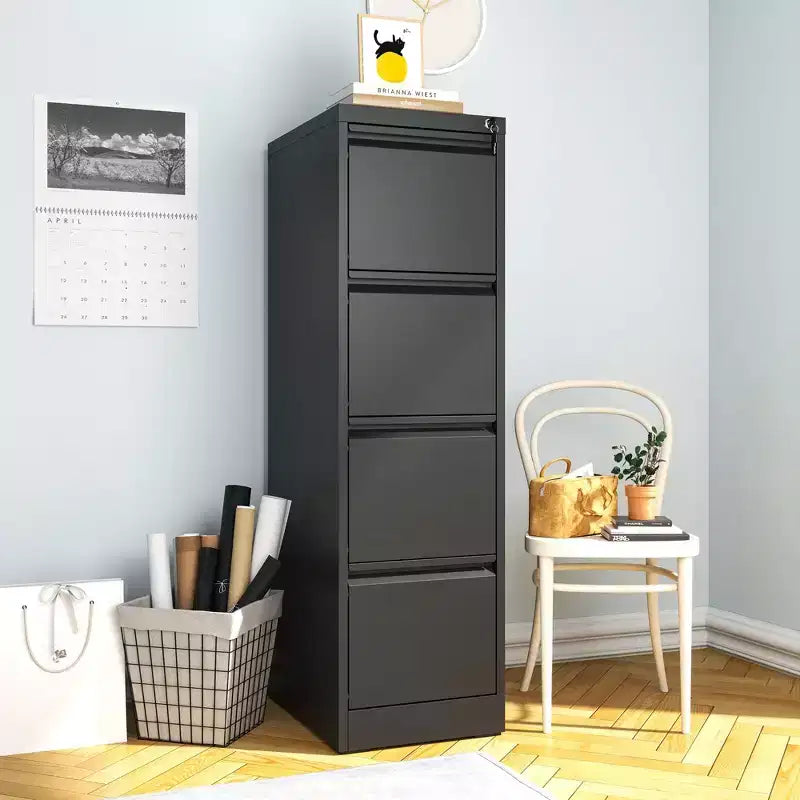 Classeur vertical métallique noir à 4 tiroirs avec serrure, armoire de classement en acier