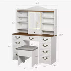 Coiffeuse avec miroir, finition noyer avec 10 étagères et tabouret