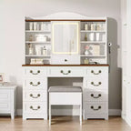Coiffeuse avec miroir, finition noyer avec 10 étagères et tabouret