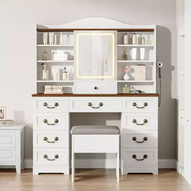 Coiffeuse avec miroir, finition noyer avec 10 étagères et tabouret
