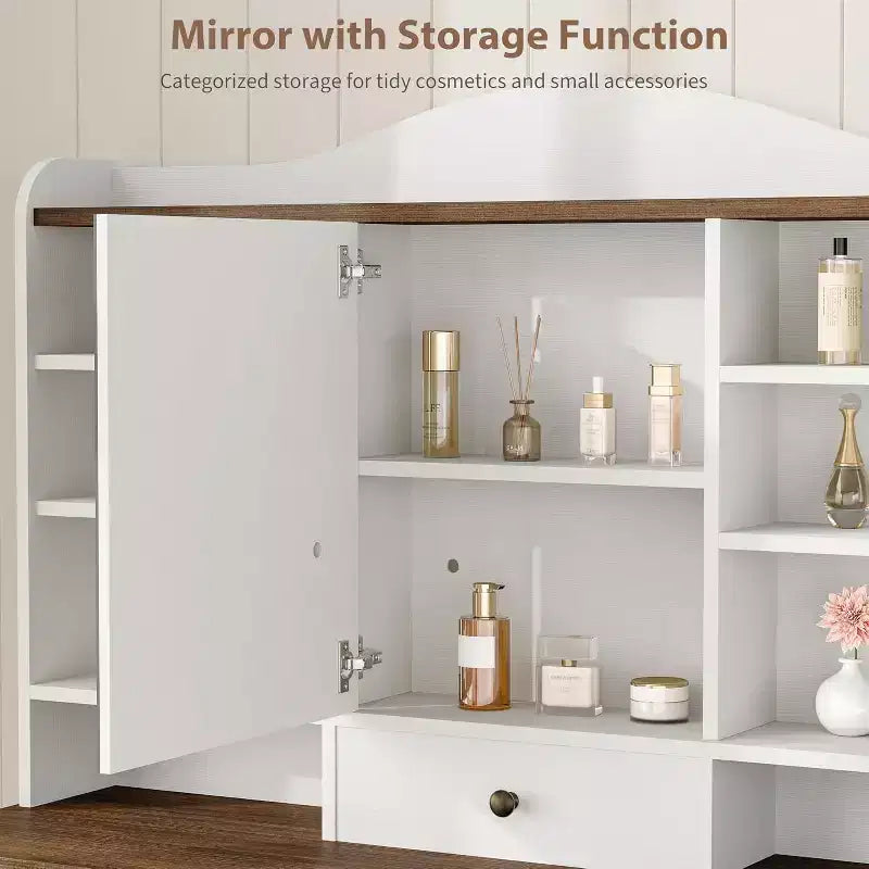 Coiffeuse avec miroir, finition noyer avec 10 étagères et tabouret