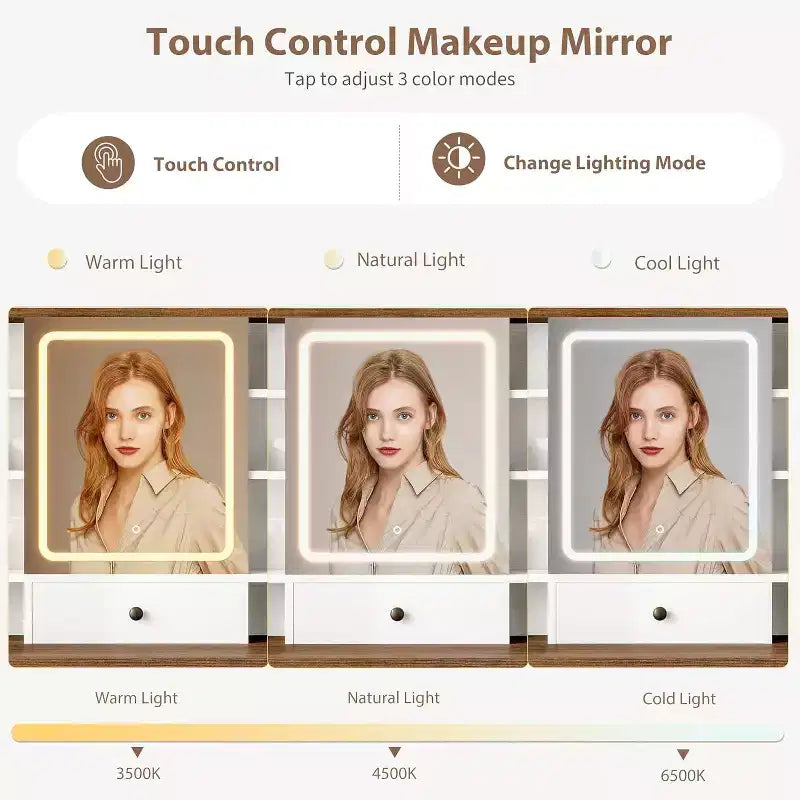 Coiffeuse avec miroir, finition noyer avec 10 étagères et tabouret