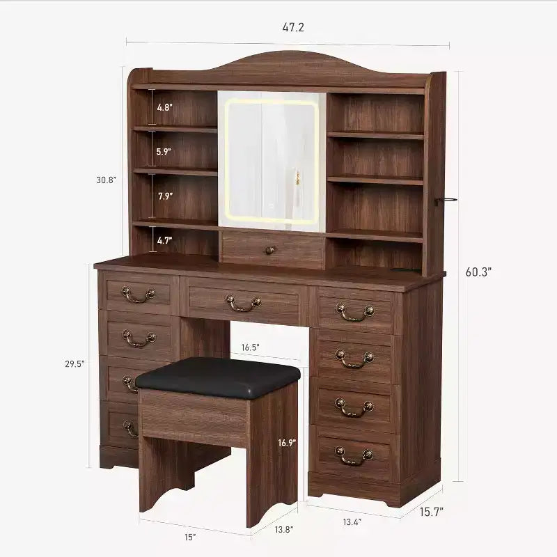 Coiffeuse avec miroir, finition noyer avec 10 étagères et tabouret