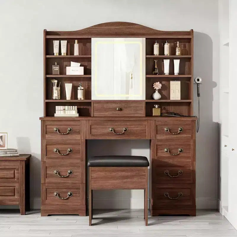 Coiffeuse avec miroir, finition noyer avec 10 étagères et tabouret