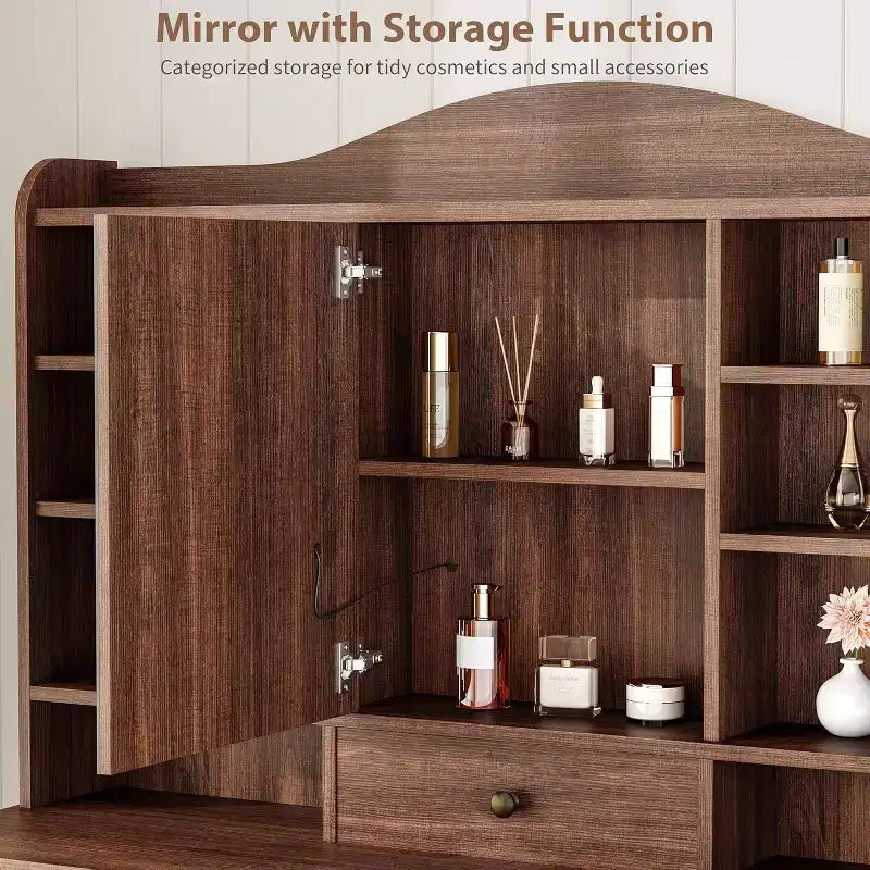 Coiffeuse avec miroir, finition noyer avec 10 étagères et tabouret