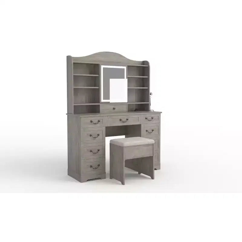 Coiffeuse avec miroir, finition noyer avec 10 étagères et tabouret