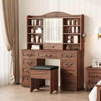 Coiffeuse avec miroir, finition noyer avec 10 étagères et tabouret