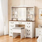 Coiffeuse avec miroir, finition noyer avec 10 étagères et tabouret