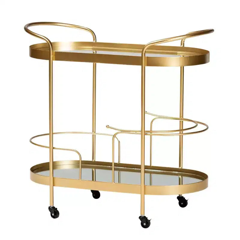 Chariot de Bar Mobile à 2 Niveaux en Métal Brossé et Verre Miroir Doré Élégant Desserte à Boissons