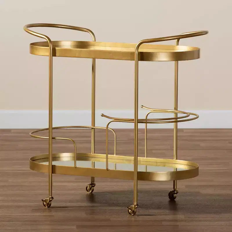 Chariot de Bar Mobile à 2 Niveaux en Métal Brossé et Verre Miroir Doré Élégant Desserte à Boissons