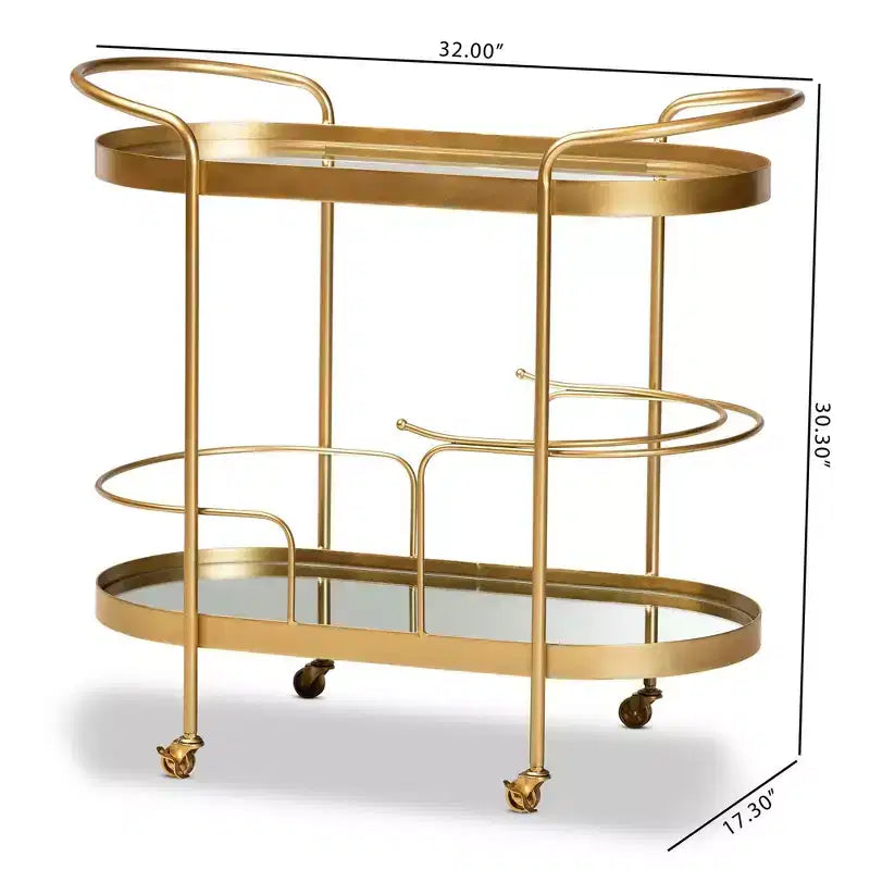 Chariot de Bar Mobile à 2 Niveaux en Métal Brossé et Verre Miroir Doré Élégant Desserte à Boissons