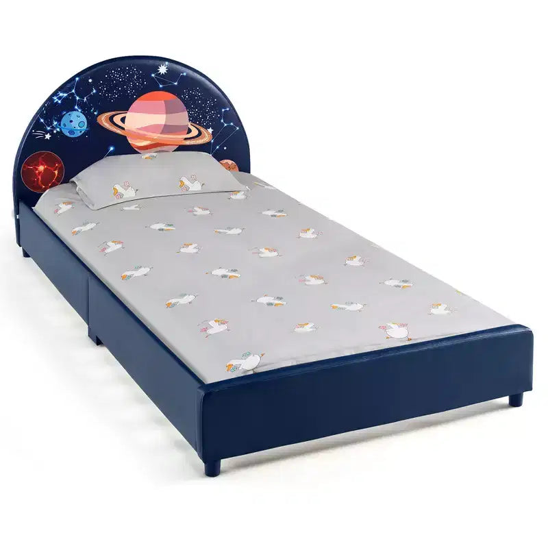 Lit Plateforme Capitonnée pour Enfants, Lit Simple en Bois Motif Galaxie
