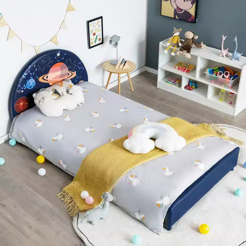 Lit Plateforme Capitonnée pour Enfants, Lit Simple en Bois Motif Galaxie