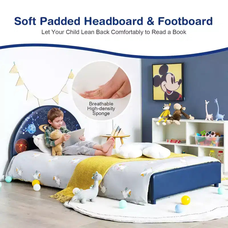 Lit Plateforme Capitonnée pour Enfants, Lit Simple en Bois Motif Galaxie