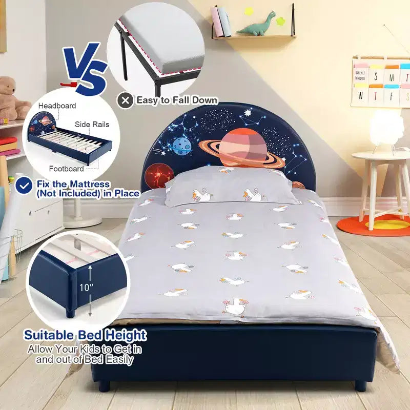 Lit Plateforme Capitonnée pour Enfants, Lit Simple en Bois Motif Galaxie