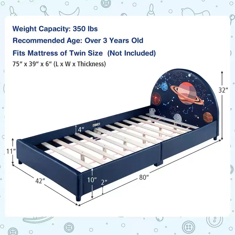 Lit Plateforme Capitonnée pour Enfants, Lit Simple en Bois Motif Galaxie
