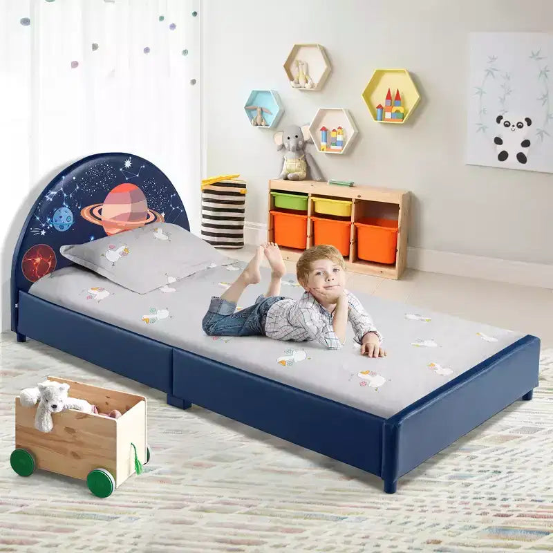 Lit Plateforme Capitonnée pour Enfants, Lit Simple en Bois Motif Galaxie