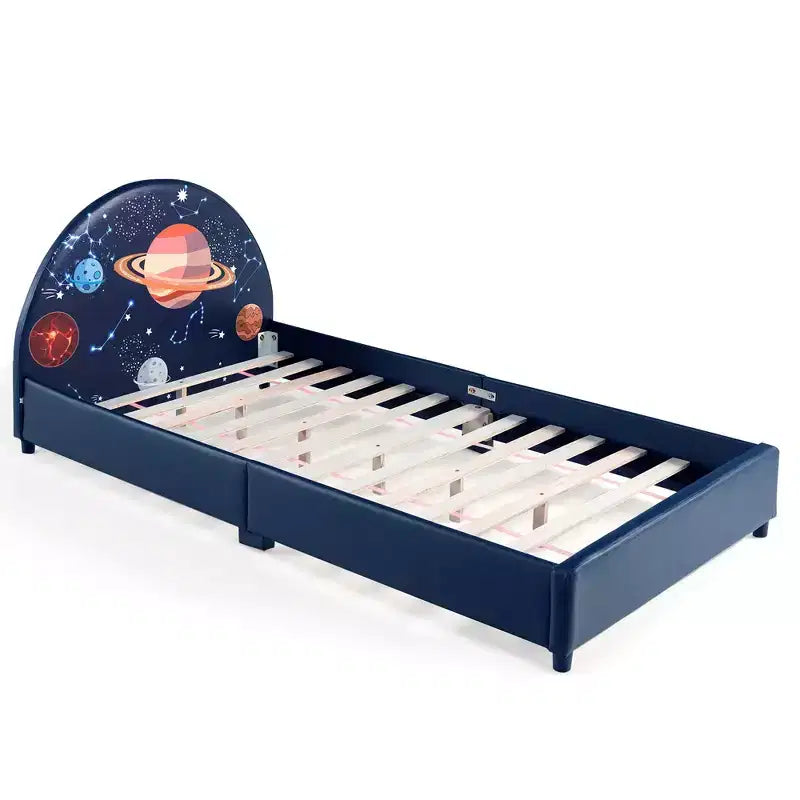 Lit Plateforme Capitonnée pour Enfants, Lit Simple en Bois Motif Galaxie