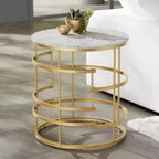 Table d'appoint ronde moderne en métal, géométrique, dorée, avec plateau en faux marbre